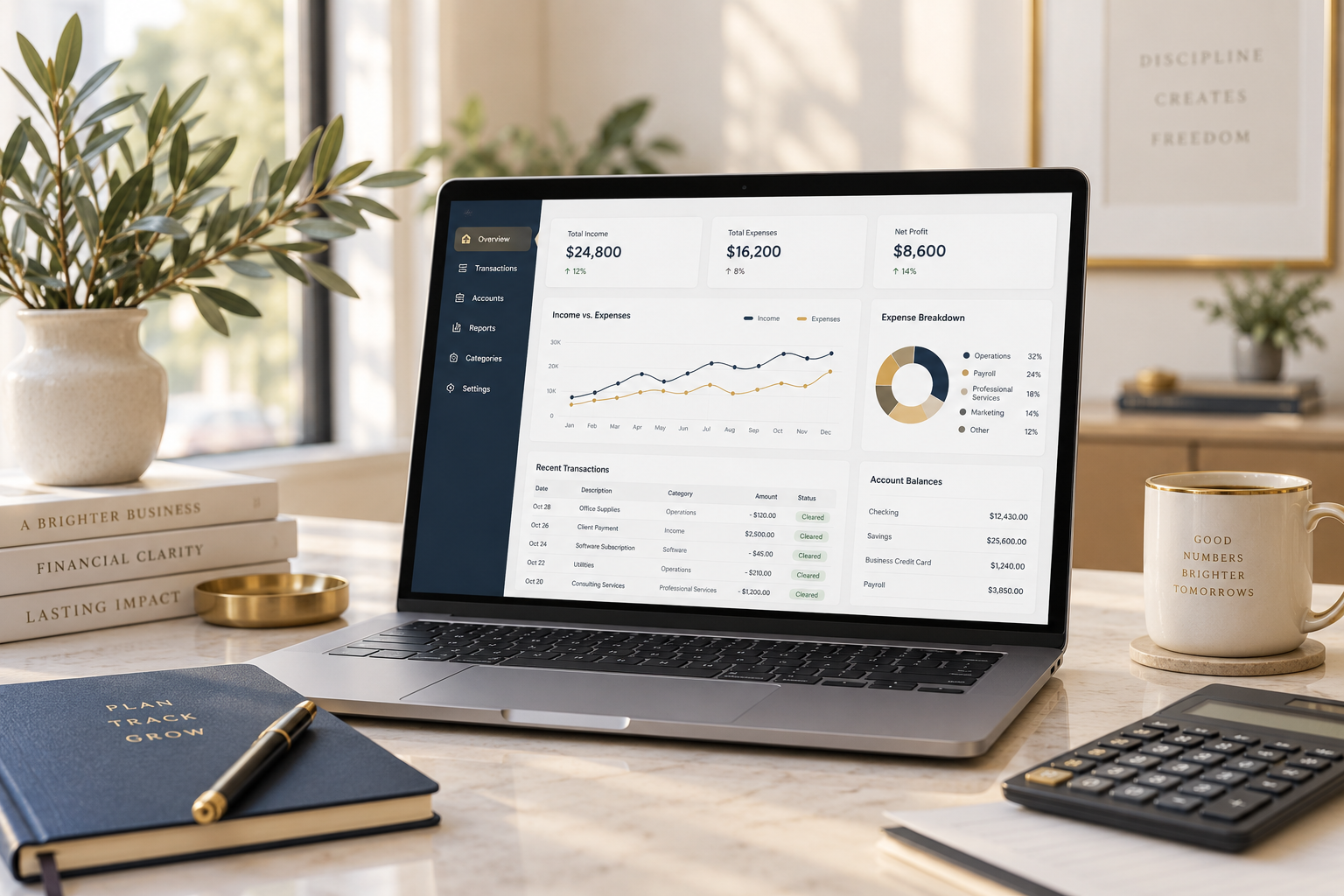 Organized workspace with financial information displayed on a laptop